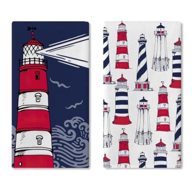Imagem de Croar Conjunto de 2 panos de prato de cozinha Farol náutico, praia, litoral, mar, azul marinho, toalha de mão, pano, cozimento, gaivota, oceano, marinheiro, banheiro, decoração de casa, 45 x 66 cm