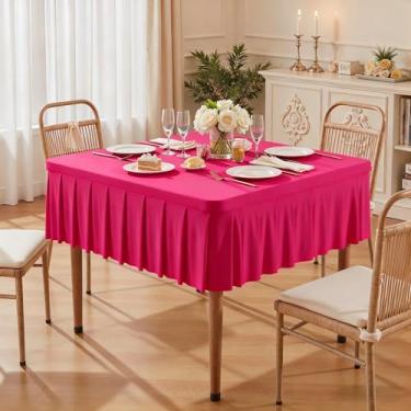 Imagem de Wish Care Toalhas de mesa de elastano rosa choque para mesas quadradas de 122 x 122 cm, roupas de mesa elásticas com saia plissada com babados para mesa de 122 cm, sem rugas e elásticas, para festa