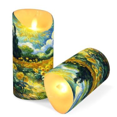 Imagem de ATTX Pacote com 2 velas sem chama de jardim de girassol – Velas LED de 7,6 cm x 15 cm com controle remoto e temporizador para casa, casamento, decoração de acampamento #729
