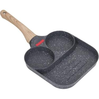 Imagem de Frigideira Multifuncional 3 em 1 Antiaderente,Cabo de Madeira Ideal para Fritar Ovos Legumes ou Carnes Fácil de Usar,Multifuncional, Liga de Alumínio, com Divisórias