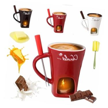 Imagem de SNCIDSGE Uma caneca de fondue de chocolate atualizada com garfo e vela, pode derreter chocolate, manteiga e queijo, casamentos e outras ocasiões. (Vermelho)