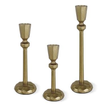 Imagem de Castiçais de ferro fundido, conjunto de 3 castiçais dourados vintage, castiçais de latão antigo para mesa central, jantar de casamento, festa, decoração de Natal (ouro)