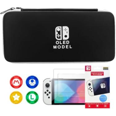 Imagem de Case Capa Estojo Para Nintendo Switch Oled Porta Jogos + Película De Vidro + 4 Grip Mario Personalizado Luxephagames
