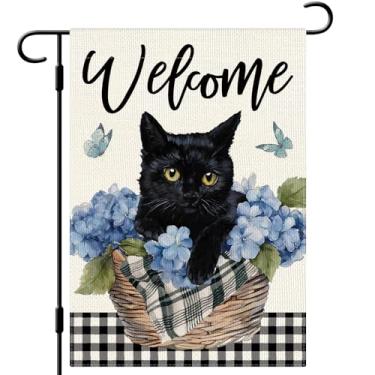Imagem de DLZDN Bandeira de jardim floral de gato preto primavera 30,5 x 45,7 cm dupla face vertical serapilheira sinal de quintal decoração sazonal ao ar livre