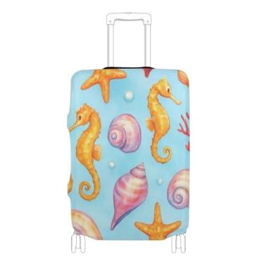 Imagem de Joisal Capa de mala azul com conchas de cavalo-marinho para protetores de bagagem, cores de bagagem, essenciais, manga de mala, P, serve para estojo de 45 a 50 cm, Conchas de cavalo-marinho azul, S 18