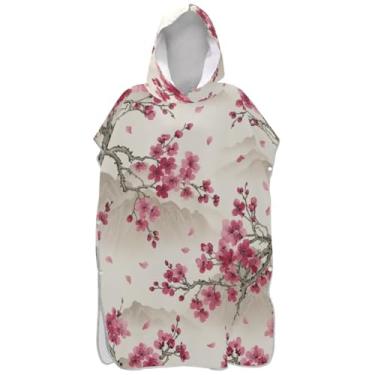Imagem de Joisal Poncho de surfe para adultos trocador de roupa de praia com capuz toalha de banho de secagem rápida ponchos adultos para mulheres flor de cerejeira bege
