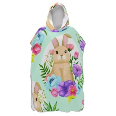 Imagem de TSENQUE Poncho de surfe para adultos trocador de roupa de praia com capuz toalha de banho absorvente masculino poncho com capuz fofo floral coelhinhos da Páscoa
