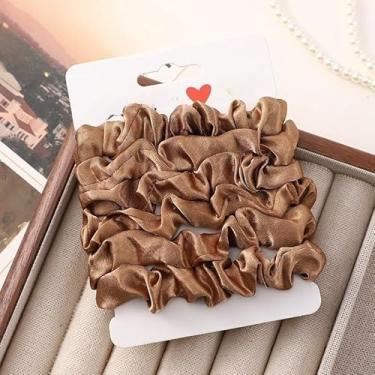 Imagem de Laços de cabelo de cetim para mulheres e meninas, faixas de cabelo de rabo de cavalo, pacote com 6, faixas elásticas adequadas para cabelos cacheados grossos (cor café)