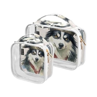 Imagem de GAIGEO Conjunto de bolsas de higiene pessoal transparentes para farol e barco à vela, bolsas de cosméticos transparentes, bolsas de acessórios de viagem, pacote com 2, Husky usando um chapéu de pirata