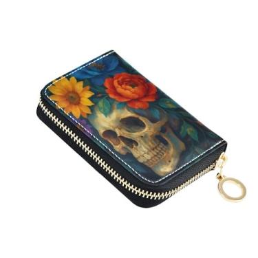 Imagem de Carteira de couro feminina para cartões de crédito, bloqueio de RFID, pequena carteira de viagem com zíper, com chaveiro, crânio engraçado, flores coloridas