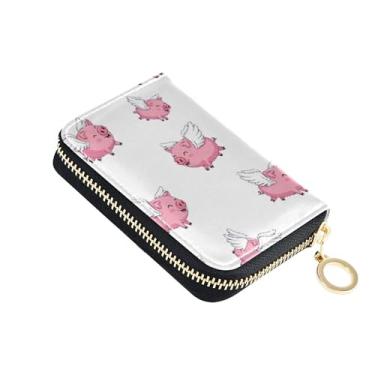 Imagem de Carteira feminina Zip Around com 9 compartimentos para cartão de crédito e 2 compartimentos para dinheiro, pequena carteira de viagem com zíper fofo rosa porcos asas brancas