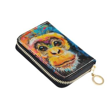 Imagem de Carteira feminina de macaco com pintura colorida com zíper em torno de porta-cartões de crédito com bloqueio de RFID, carteira pequena com zíper e bolso para moedas