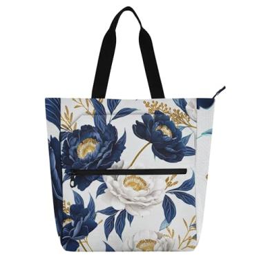 Imagem de Bolsa de trabalho floral azul marinho branco peônias para mulheres sacola de lona praia escola bolsa mensageiro livro amante presente
