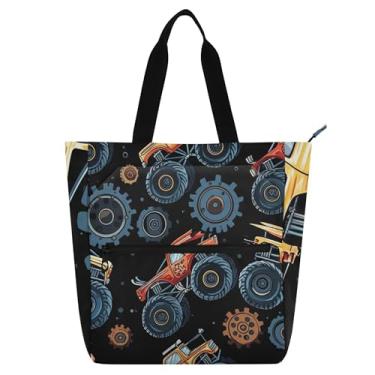 Imagem de Monster Trucks Gears Bolsa feminina de trabalho de lona escolar com zíper utilitário bolsas infantis presente para amantes de livros