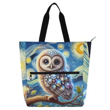 Imagem de GAIGEO Sacola feminina linda coruja noite estrelada para trabalho lona praia livro bolsa zíper bolsas de tecido com compartimentos