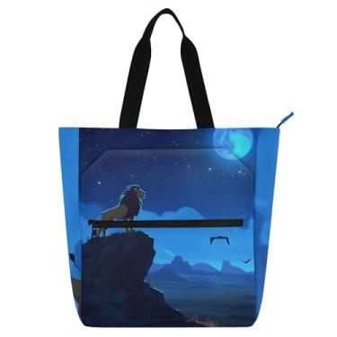 Imagem de Bolsa feminina Majestic Lion Moonlit Mountain Blue Tote Canvas College School Tote Bolsas Professores Bolsas para amantes de livros Presentes