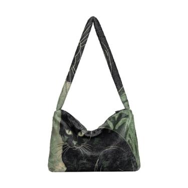 Imagem de Bolsa de ombro feminina buldogue preto e branco com desenho animado, bolsa feminina de pelúcia para uso ao ar livre, Gato preto retrô verde floresta de bambu, One Size