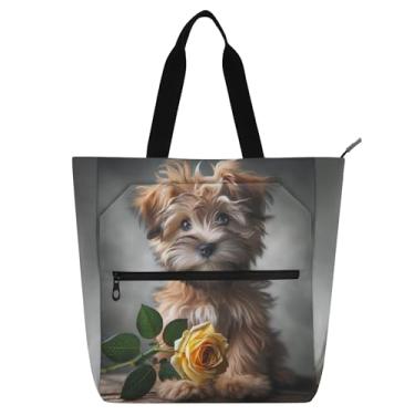 Imagem de GAIGEO Cute Terrier Dog Rose Bolsas femininas para trabalho lona zíper bolsa de praia bolsas médias com compartimentos