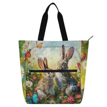 Imagem de Painting Bunnies Meadow Spring Bolsas femininas para trabalho, lona, escola, bolsa de livros, bolsa reutilizável, presente para amantes de livros
