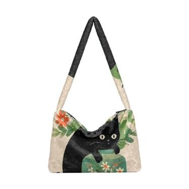 Imagem de GAIGEO Cat Butterfly Ears in Backlight Forest Bolsas de ombro femininas, bolsas de ombro femininas, bolsa feminina para uso ao ar livre, Pintura decorativa de gato preto vaso verde, One Size