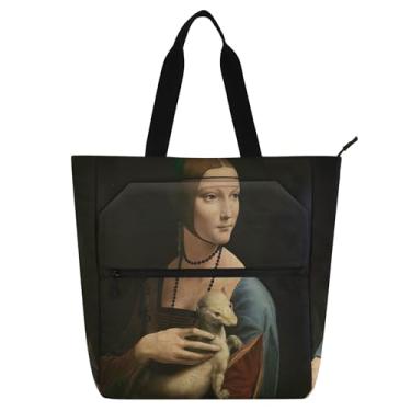 Imagem de Bolsa feminina Leonardo da Vinci Lady with Ermine para trabalho de lona com zíper bolsa de praia para crianças bolsas fofas para amantes de livros presentes