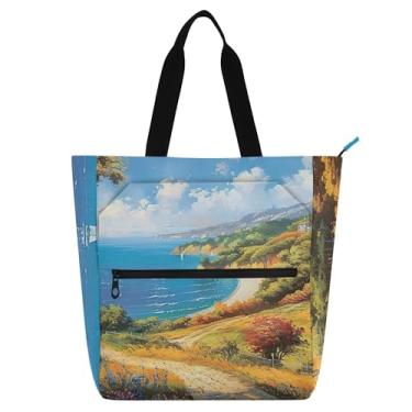 Imagem de GAIGEO Sacola de pintura com paisagem de praia em colina para mulheres, bolsa escolar de lona de trabalho com zíper, linda bolsa infantil com compartimentos