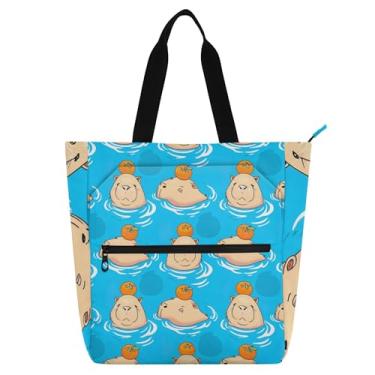 Imagem de Lindas bolsas de trabalho capivara azuis para mulheres bolsas de tecido de lona bolsas de mensageiro universitárias para amantes de livros presentes