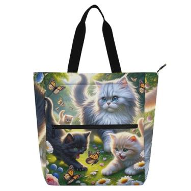 Imagem de GAIGEO Bolsas de trabalho femininas fofas para gatos florais de lona universitária bolsa de tecido com compartimentos