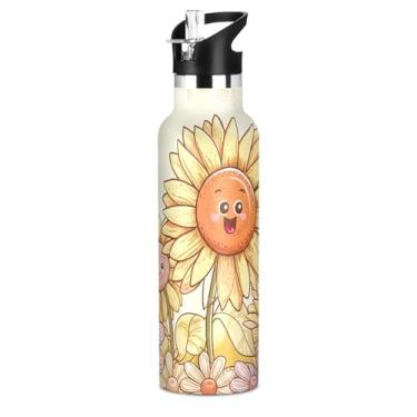 Imagem de Garrafa de água de aço inoxidável de 590 ml com tampa e alça de palha, garrafas de água esportivas à prova de vazamento, copos infantis isolados sem BPA, lindos girassóis florais de desenho animado