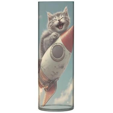 Imagem de Vaso de flor cilíndrico decorativo cinza foguete de gato engraçado animal vasos e plantadores de plástico floral personalizado decoração de quarto moderno, 30 cm x 9,9 cm