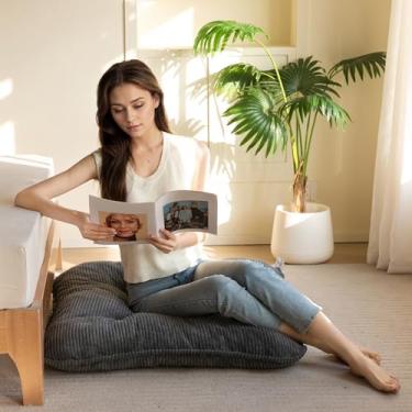 Imagem de Almofada lavável de chão para adultos, almofada de meditação, assento quadrado extra grande, capa de veludo cotelê tufado removível, para sala de estar de tatami ou ioga, 87 x 87 x 8,5 cm, cinza
