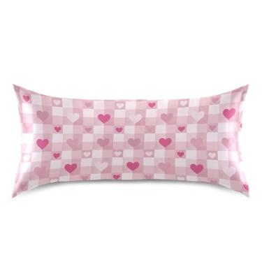 Imagem de Wassud Fronha de cetim xadrez com corações xadrez para o dia dos namorados para cabelo e pele fronhas de seda lisa king size respiráveis com fecho de envelope