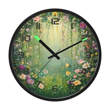 Imagem de SEHANY Relógio de parede vintage com flores de videira silencioso, sem tique-taque, relógio redondo operado por bateria, controle de som, luz noturna, relógios de parede para sala de estar, cozinha