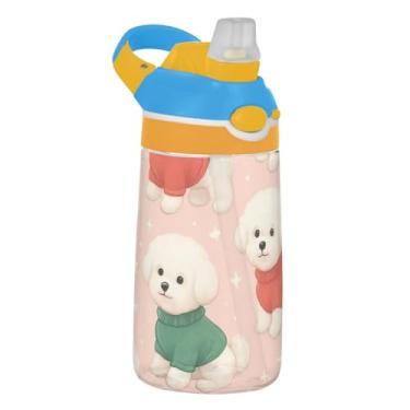 Imagem de Garrafa de água infantil de 473 ml com tampa de palha, garrafa de água esportiva portátil para escola, reutilizável, 473 ml, copos de viagem para crianças, alça de transporte, lindos bichon frise