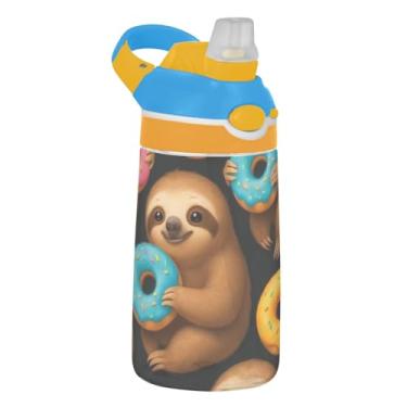 Imagem de Cute Sloths Garrafa de água infantil colorida donuts preta 473 ml garrafa de água esportiva portátil com tampa de canudo 473 ml Tritan copo infantil à prova de vazamento reutilizável, alça de