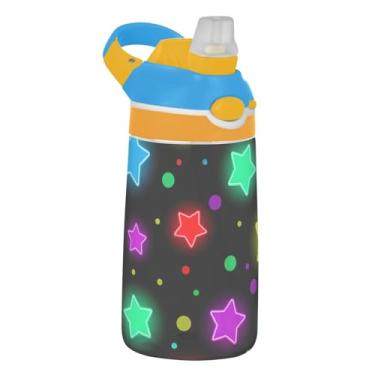 Imagem de Garrafa de água infantil Neon Stars Dots preta para escola, 473 ml Tritan 473 ml, garrafa de água esportiva com canudo, copo de viagem reutilizável para crianças, portátil, alça de transporte