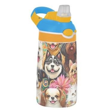 Imagem de Cute Dogs Garrafa de água esportiva infantil com flores coloridas para escola, 473 ml, 473 ml, garrafa de água Tritan com canudo, copo portátil de viagem infantil à prova de vazamento, alça de