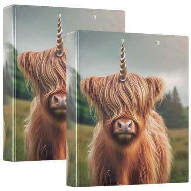 Imagem de Fichários personalizados de 3 anéis de unicórnio Highland Cattle com 3 argolas para 200 folhas de caderno, fichário com anel redondo, 31,5 x 27 x 6 cm, pacote com 2