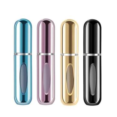 Imagem de 4 peças de recipiente portátil atomizador de 5 ml para cosméticos, viagem, mini garrafa vazia de alumínio para maquiagem (azul rosa dourado escuro)