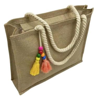 Imagem de Bolsa de Praia em Juta Natural, Alças de Corda, Detalhes em Borlas Coloridas, Tamanho Grande