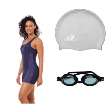 Imagem de Kit Natação Macaquinho Óculus Proteção UV e Touca Silicone Grande (Marinho - Óculos Preto, G)