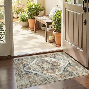 Imagem de jinchan Tapete de entrada 5 x 7,5 cm, estampa vintage, lavável, antiderrapante, fino, elegante, retrô, interior, tapete pequeno, tapete para entrada, cozinha, quarto, lavanderia
