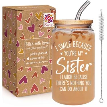 Imagem de Qubereeree Sister Christmas Gifts from Sisters - I Smile Because You are My Sister Xícara de café de 473 ml para mulheres Besties, presentes de aniversário de Natal do Dia das Mães para Soul Sisters