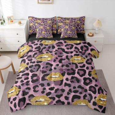 Imagem de Erosebridal Conjunto de edredom sexy de 7 peças, com estampa de leopardo, roxo, roxo, preto, para adolescentes e adultos, com glitter, boca 3D, conjunto de lençol com edredom