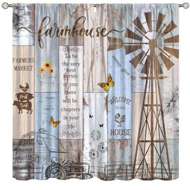 Imagem de AAVEUP Cortinas de fazenda retrô country fazenda tábua de madeira trator vaca galo flores moinho de vento girassol janelas tratamentos bolso de haste para cozinha casa de fazenda sala de estar quarto