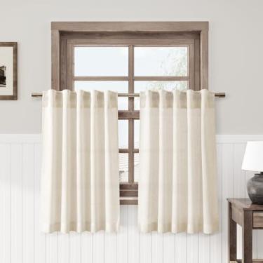 Imagem de Cortinas de linho natural linho café 91 cm de comprimento privacidade filtragem de luz semitransparente porta frontal pequena cortina de janela traseira bolso haste cortinas curtas plissadas para