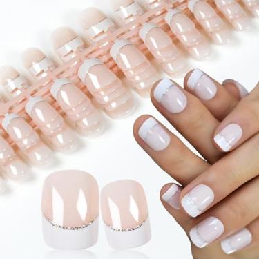 Imagem de 5 pacotes de unhas curtas squoval, unhas postiças brilhantes pré-projetadas, pontas de arte de unhas francesas rosa e brancas para salão de beleza, presentes diários para mulheres e meninas com abas