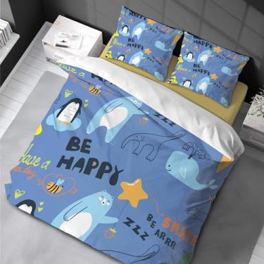 Imagem de Lindo urso baleia pinguim conjunto de capa de edredom estampa animal desenho animado meninas roupa de cama azul criança quarto 200 x 200 cm -80 x 80 cm x 2