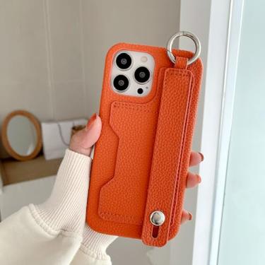 Imagem de IRTGFG Para iPhone 16 Pro Max, pulseira de couro à prova de choque, porta-cartões, capa tipo carteira, alça de mão, suporte (para iPhone 16 Pro Max/laranja)