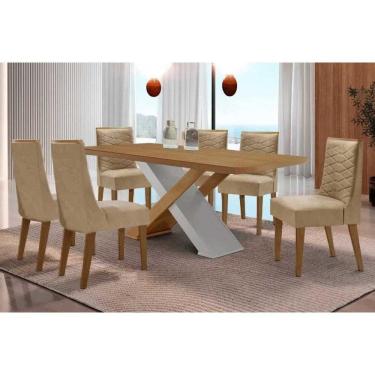 Imagem de Sala Jantar Mesa Imperatriz Tampo Curvo 180cm+6 Cadeiras Maldivas Madeira Naturale/Off White - Capuccino/Linho Bege - Rufato